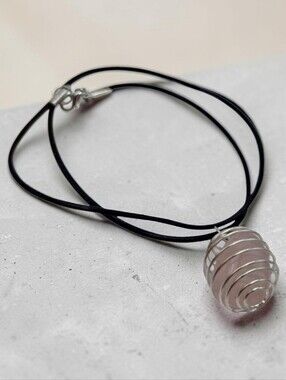 Handmade Rose Quartz Stone Pendant in Silver Spiral Cage Necklace